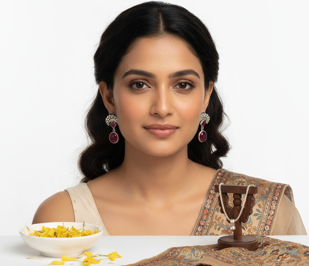 Silver Replica Anti-Tarnish Earrings with Coloured Stone Detailing