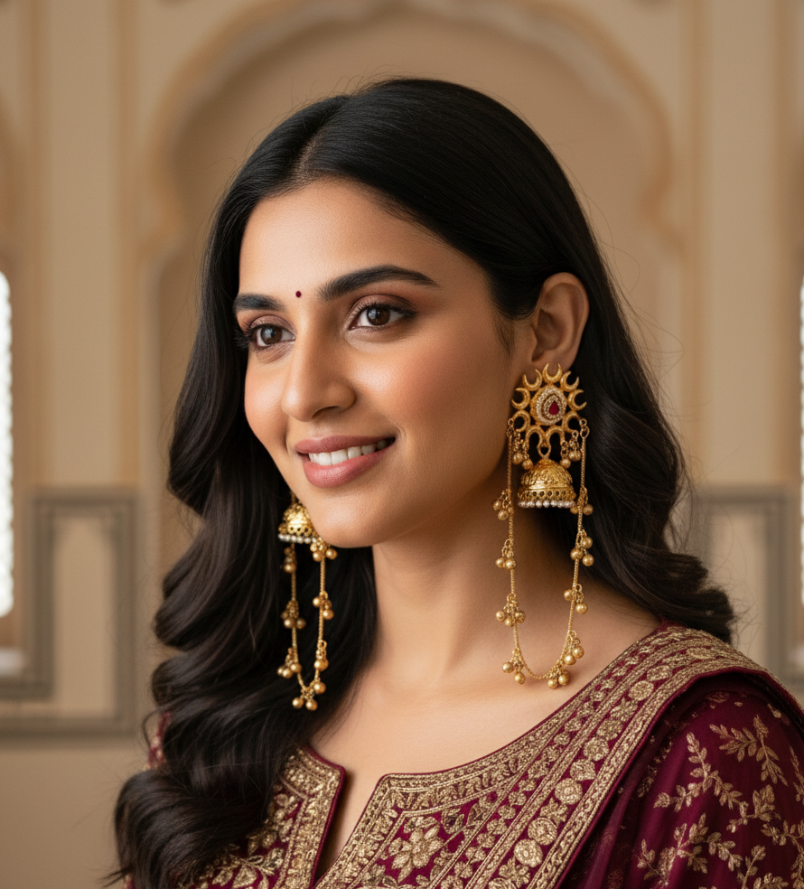 Kashmiri Chaandbaali Earrings - Gold Plated, Pearl & Kundan Design