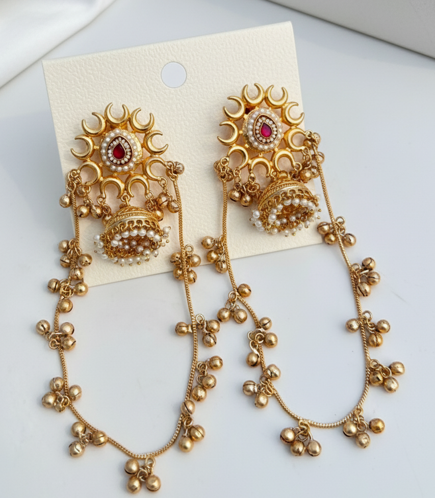 Kashmiri Chaandbaali Earrings - Gold Plated, Pearl & Kundan Design
