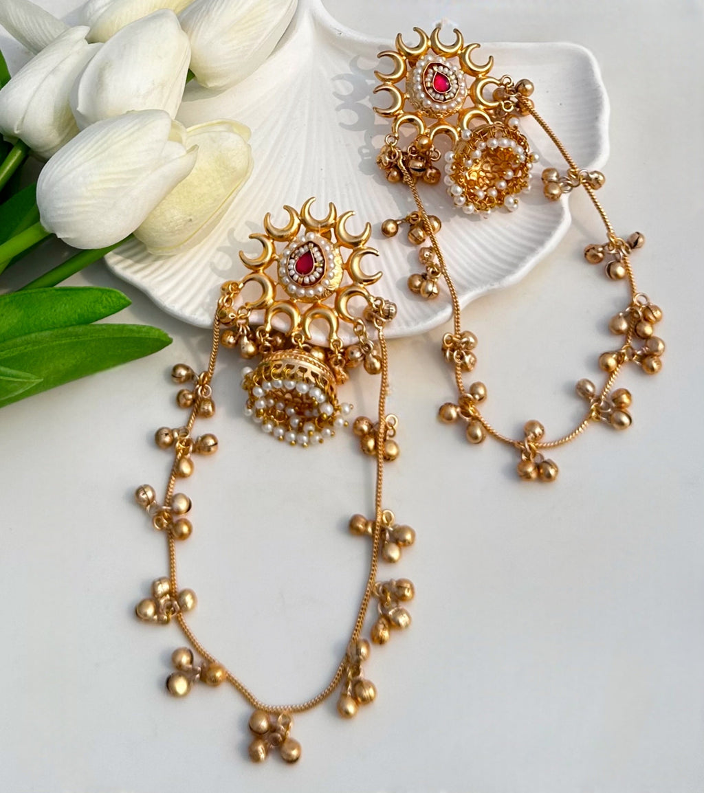 Kashmiri Chaandbaali Earrings - Gold Plated, Pearl & Kundan Design